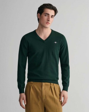 Gant Classic Cotton V-Neck Men's Sweater Tartan Green | AFOKG-4723