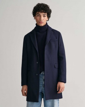 Gant Classic Tailored Fit Wool Topcoat Men's Coats Night Blue | AKYHI-6023