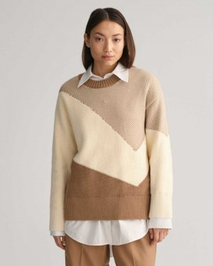 Gant Color Blocked Cotton Crew Neck Women's Sweater Warm Khaki | AKVQN-0247