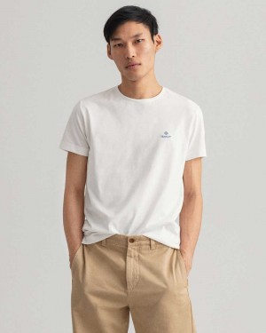 Gant Contrast Logo Men's T-Shirt Beige White | JNWIO-1087