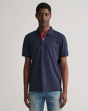 Gant Contrast Piqué Men's Polo Shirt Evening Blue | JNBZY-3810