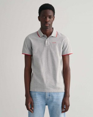 Gant Contrast Tipped Piqué Men's Polo Shirt Grey Melange | OREPY-9814