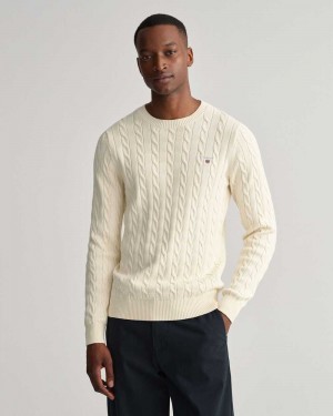 Gant Cotton Cable Crew Neck Men's Sweater Cream | LSTPK-9581