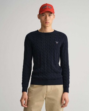 Gant Cotton Cable Crew Neck Men's Sweater Evening Blue | FOSAV-0846