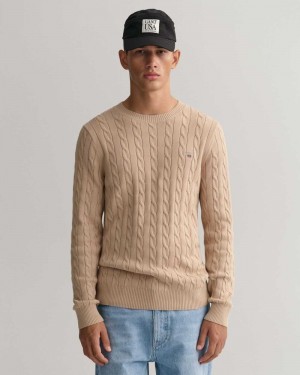 Gant Cotton Cable Crew Neck Men's Sweater Dry Sand | RQIOD-2675