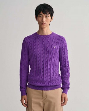 Gant Cotton Cable Knit Crew Neck Men's Sweater Dark Violet | TCAPB-1765