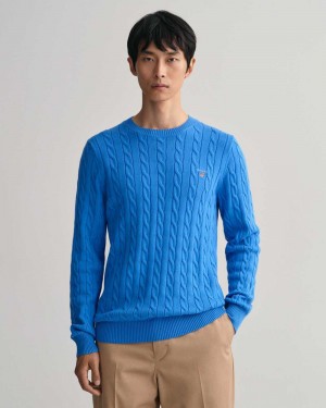 Gant Cotton Cable Knit Crew Neck Men's Sweater Day Blue | AISMB-4560