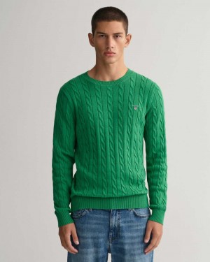 Gant Cotton Cable Knit Crew Neck Men's Sweater Mid Green Melange | LNEKT-3795