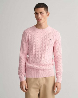 Gant Cotton Cable Knit Crew Neck Men's Sweater Blushing Pink | BUKVH-0576