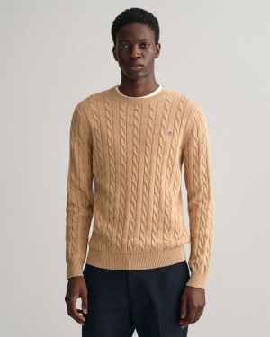 Gant Cotton Cable Knit Crew Neck Men's Sweater Khaki Melange | BJYHA-9860