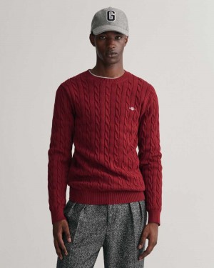 Gant Cotton Cable Knit Crew Neck Men's Sweater Plumped Red | QLXWF-8279