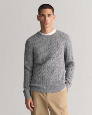 Gant Cotton Cable Knit Crew Neck Men's Sweater Grey Melange | ENSHL-8706