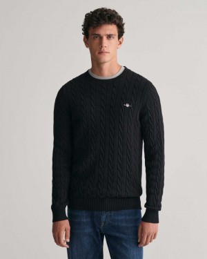 Gant Cotton Cable Knit Crew Neck Men's Sweater Black | SAKML-7286