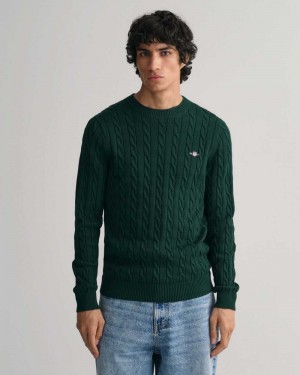 Gant Cotton Cable Knit Crew Neck Men's Sweater Tartan Green | YFVDS-1974