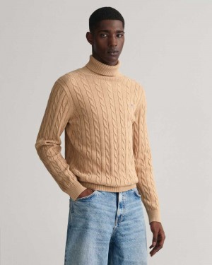 Gant Cotton Cable Knit Turtleneck Men's Sweater Khaki Melange | ZXJHT-7259