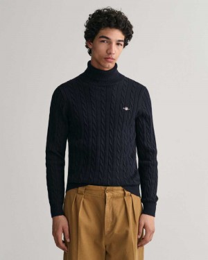 Gant Cotton Cable Knit Turtleneck Men's Sweater Evening Blue | KXBQA-6234