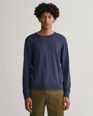 Gant Cotton Linen Crew Neck Men's Sweater Navy Blue | XFUNG-8365