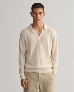 Gant Cotton Linen Polo Men's Sweater Light Gray Brown | ZQVKX-2061