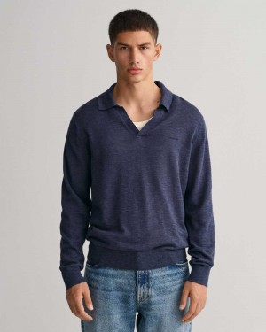 Gant Cotton Linen Polo Men's Sweater Navy Blue | JYCHO-3781