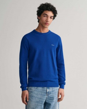 Gant Cotton Piqué Crew Neck Men's Sweater College Blue | BRUXP-6793