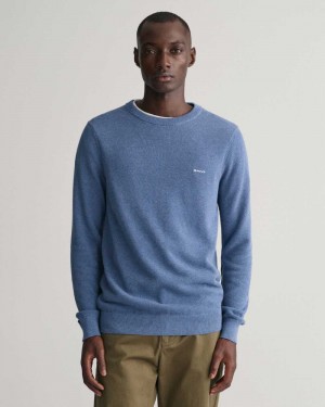 Gant Cotton Piqué Crew Neck Men's Sweater Denim Blue Melange | ZTQBP-1940