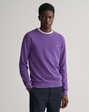 Gant Cotton Piqué Crew Neck Men's Sweater Lilac | QMIHC-5719