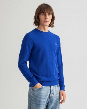 Gant Cotton Piqué Crew Neck Men's Sweater College Blue | FYCXS-7218