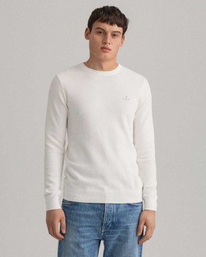 Gant Cotton Piqué Crew Neck Men's Sweater Beige White | QVZKD-0623