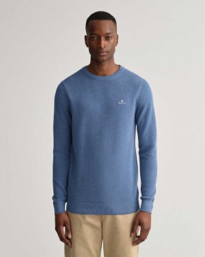 Gant Cotton Piqué Crew Neck Men's Sweater Denim Blue Melange | NFVHM-0154