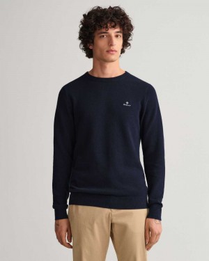 Gant Cotton Piqué Crew Neck Men's Sweater Evening Blue | ABNMF-6827