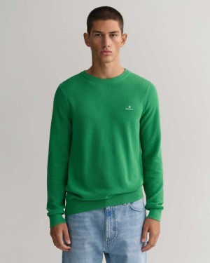 Gant Cotton Piqué Crew Neck Men's Sweater Mid Green | YXFOG-9213