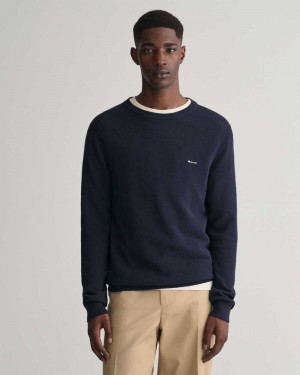 Gant Cotton Piqué Crew Neck Men's Sweater Evening Blue | CBMUL-0492