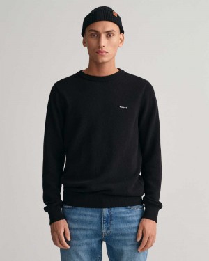 Gant Cotton Piqué Crew Neck Men's Sweater Black | WCBLP-5083