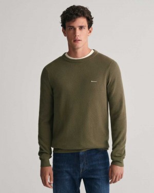 Gant Cotton Piqué Crew Neck Men's Sweater Racing Green | GVYHK-9530