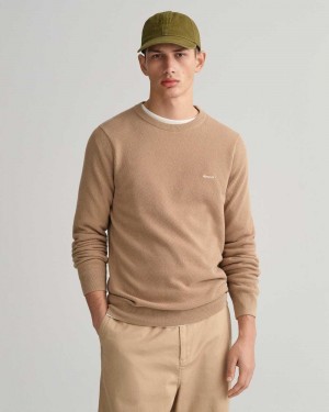 Gant Cotton Piqué Crew Neck Men's Sweater Dark Khaki | QMAHL-6912