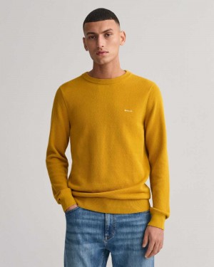 Gant Cotton Piqué Crew Neck Men's Sweater Dark Mustard Yellow | NQEWC-9836