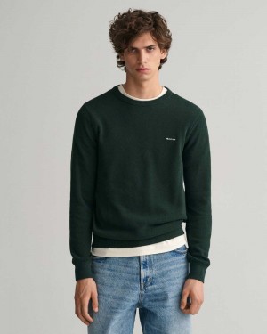 Gant Cotton Piqué Crew Neck Men's Sweater Tartan Green | QLDXZ-7643