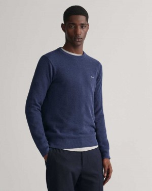 Gant Cotton Piqué Crew Neck Men's Sweater Marine Melange | HPZSY-0358