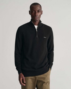 Gant Cotton Piqué Half-Zip Men's Sweater Black | BMAHE-9760