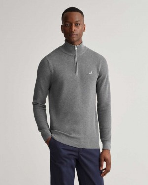 Gant Cotton Piqué Half-Zip Men's Sweater Dark Grey Melange | NWHVO-0793