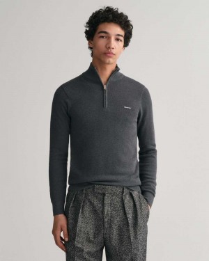 Gant Cotton Piqué Half-Zip Men's Sweater Dark Grey | IVMUY-3401