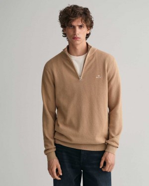 Gant Cotton Piqué Half-Zip Men's Sweater Dark Khaki | LKBET-4609