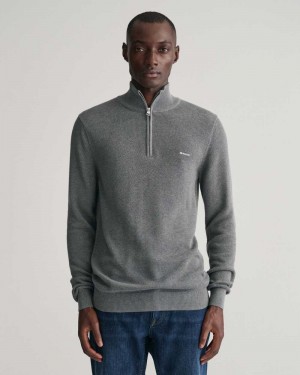 Gant Cotton Piqué Half-Zip Men's Sweater Dark Grey Melange | KBIFV-1835