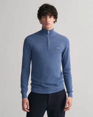 Gant Cotton Piqué Half-Zip Men's Sweater Denim Blue Melange | XEHQG-7208