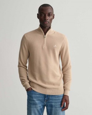 Gant Cotton Piqué Half-Zip Men's Sweater Dry Sand | YSTGA-6594