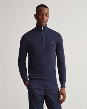 Gant Cotton Piqué Half-Zip Men's Sweater Evening Blue | FUTCN-8273