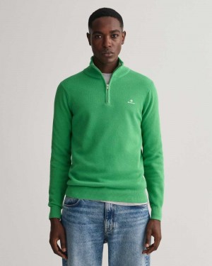 Gant Cotton Piqué Half-Zip Men's Sweater Mid Green | TUZWK-3597