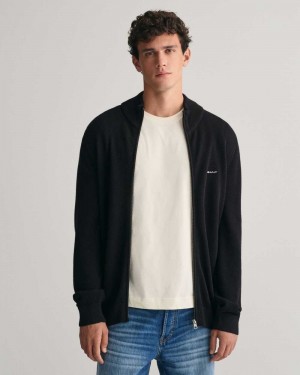 Gant Cotton Piqué Zip Men's Cardigan Black | NQWOT-7508