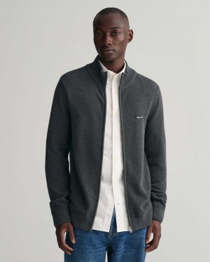 Gant Cotton Piqué Zip Men's Cardigan Dark Grey | EXAHV-3129