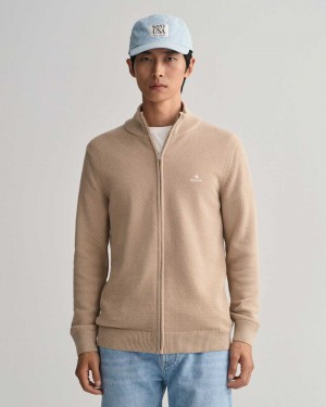 Gant Cotton Piqué Zip Men's Cardigan Dry Sand | AVRUJ-1760